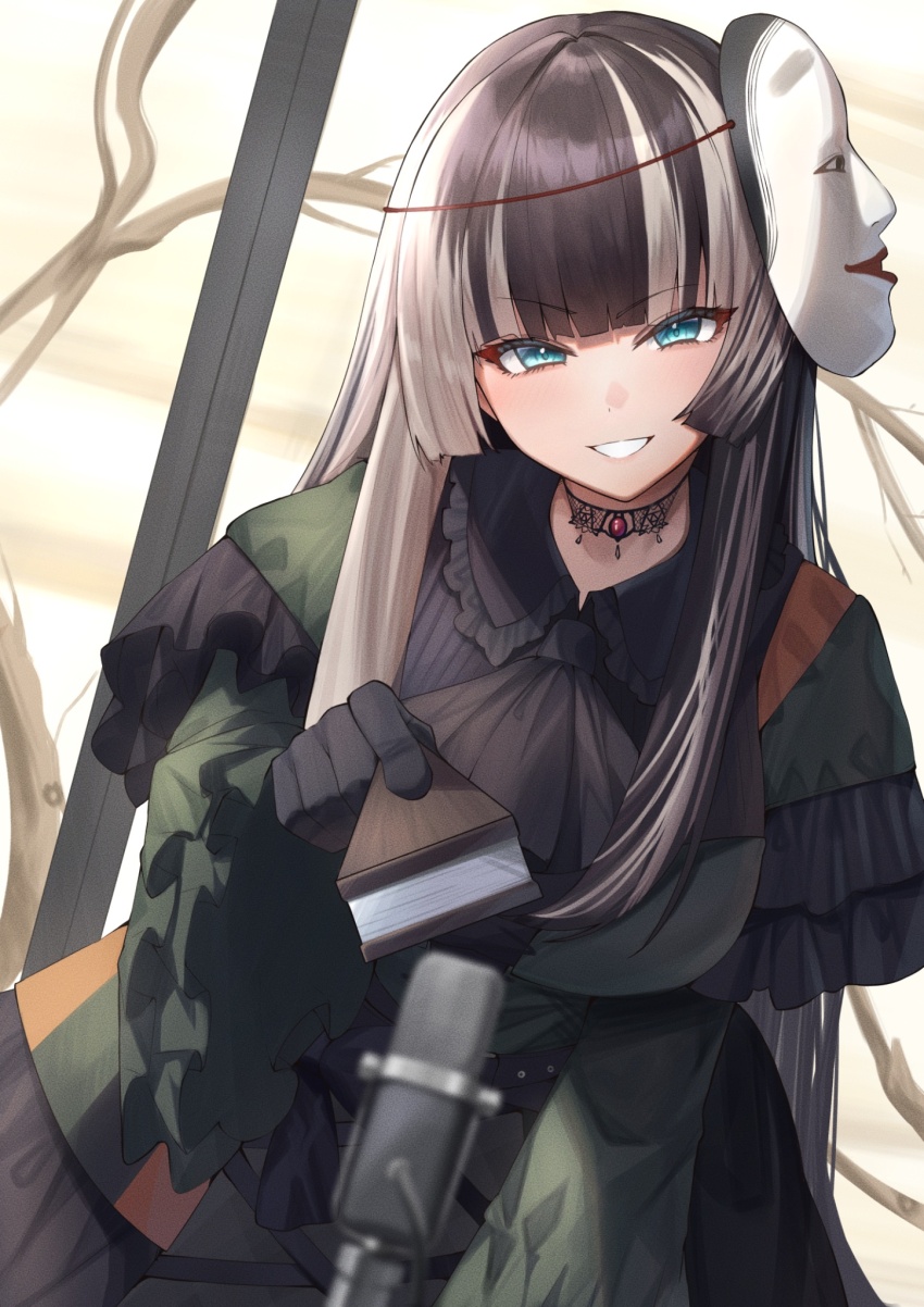 1girl, black_choker, black_dress, black_gloves, black_hair, blue_eyes, blunt_bangs, blurry