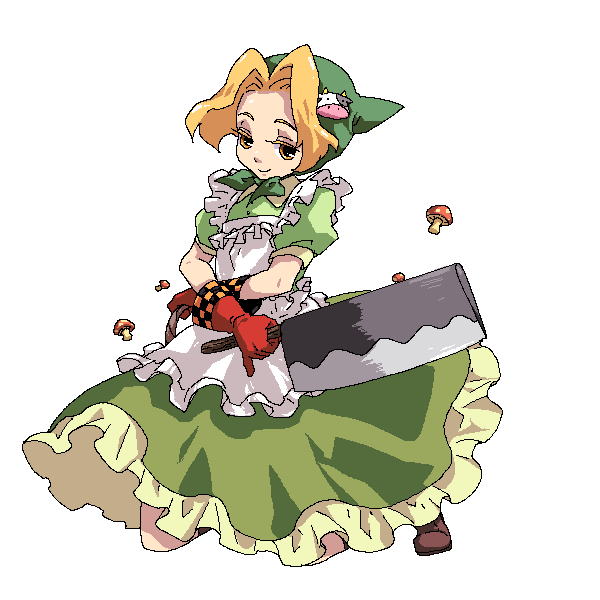 1girl, apron, atlus, blonde_hair, boots, brown_boots, dress, elbow_gloves