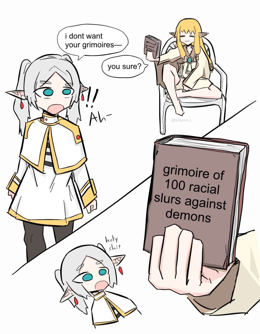 2girls, :3, =_=, aqua_eyes, barefoot, black_pantyhose, black_shirt, blonde_hair, book, capelet, chair, closed_eyes, closed_mouth, commentary, earrings, elf, english_commentary, english_text, frieren, gold_trim, grey_hair, grimoire, high_collar, highres, holding, holding_book, jacket, jewelry, long_hair, long_pointy_ears, long_sleeves, monobloc_(chair), multiple_girls, on_chair, open_mouth, pantyhose, parted_bangs, pointy_ears, profanity, racism, serie_(sousou_no_frieren), shirt, sidelocks, simple_background, sitting, skirt, skirt_set, smile, sousou_no_frieren, speech_bubble, striped_clothes, striped_shirt, tunaplus_c, twintails, white_background, white_capelet, white_jacket, white_shirt, white_skirt