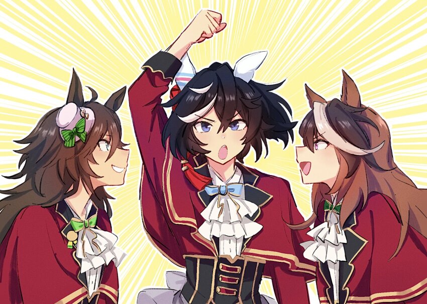 3girls, ahoge, animal_ears, arm_up, ascot, badge, black_hair, black_vest