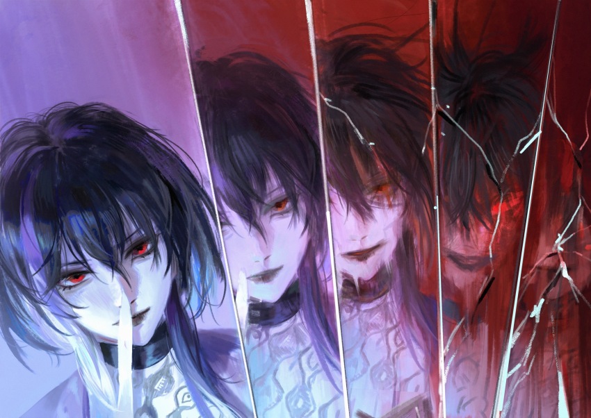 1girl, black_choker, black_hair, black_lips, broken_glass, chinese_commentary, choker, commentary