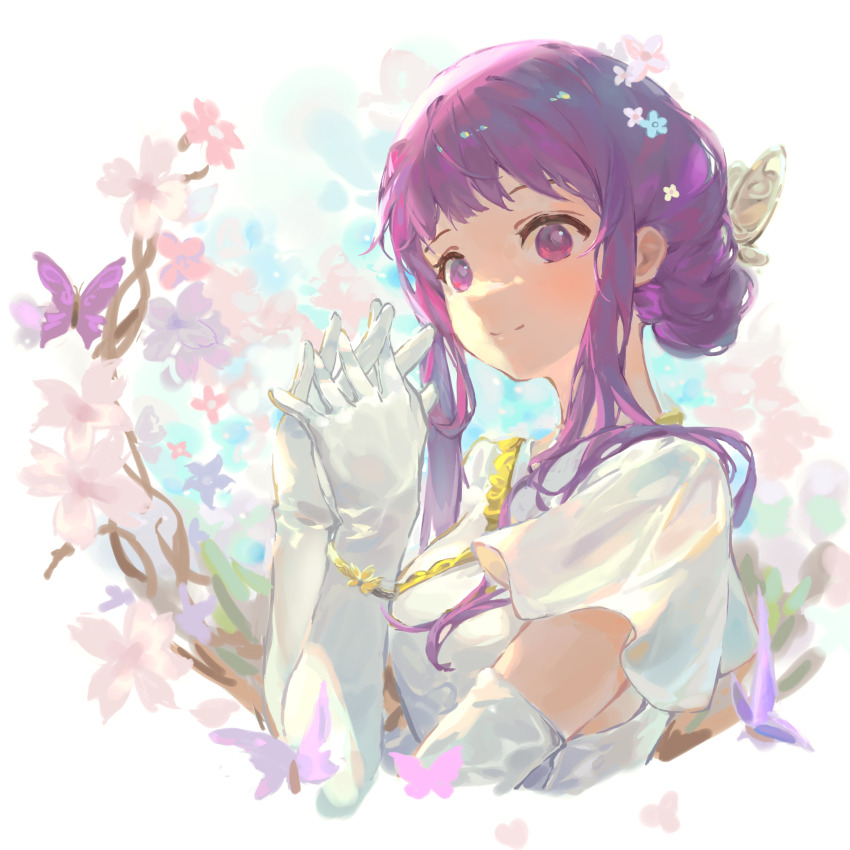 1girl, absurdres, ahriii, bug, butterfly, closed_mouth, dress, fern_(sousou_no_frieren), flower, gloves, gold_trim, hair_bun, hair_ornament, hands_up, highres, insect, jewelry, long_hair, official_alternate_costume, official_alternate_hairstyle, purple_eyes, purple_hair, short_sleeves, sidelocks, simple_background, smile, solo, sousou_no_frieren, upper_body, white_background, white_dress, white_gloves