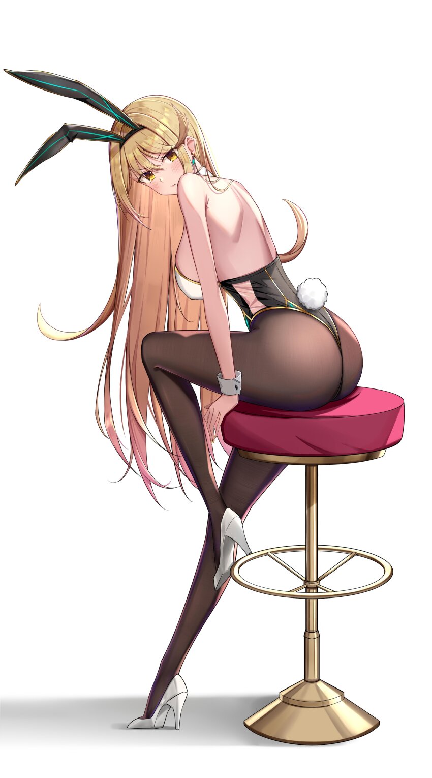 1girl, absurdres, alternate_costume, animal_ear_hairband, animal_ears, ass, back, backon, black_hairband, blonde_hair, blush, breasts, closed_mouth, commentary_request, earrings, fake_animal_ears, hairband, high_heels, highres, jewelry, large_breasts, long_hair, looking_at_viewer, monolith_soft, mythra_(xenoblade), on_stool, pantyhose, playboy_bunny, rabbit_ears, simple_background, sitting, solo, stool, white_background, white_footwear, xeno_(series), xenoblade_chronicles_(series), xenoblade_chronicles_2, yellow_eyes