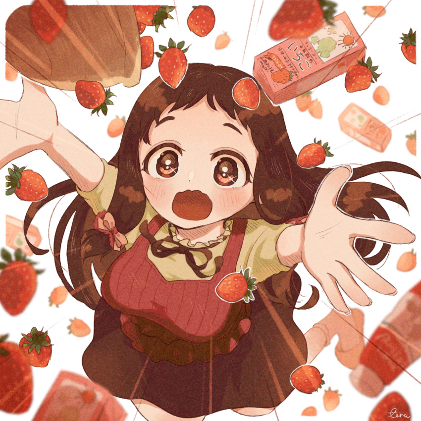 1girl, alternate_hair_color, arms_up, artist_name, basket, birthday, black_ribbon, black_skirt