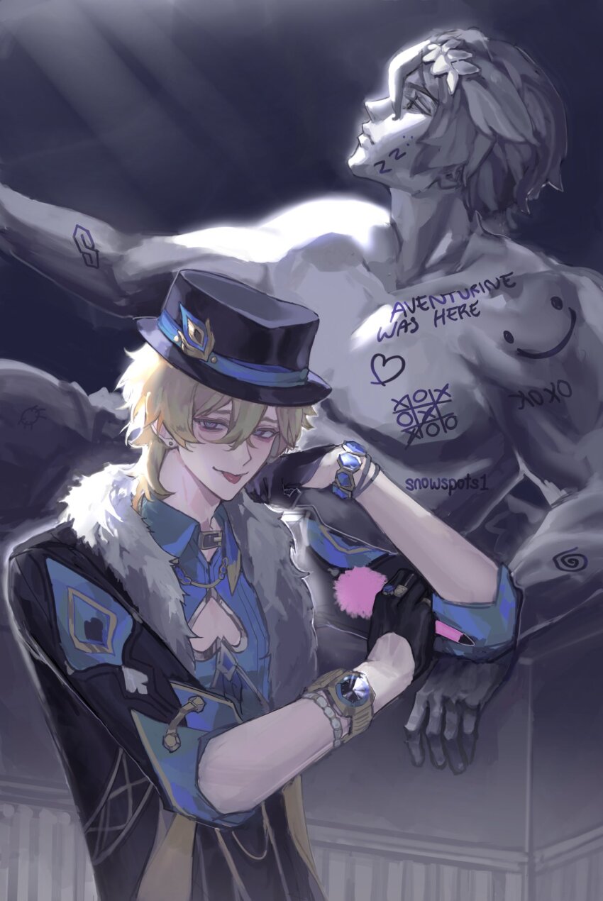 1boy, aqua_shirt, aventurine_(honkai:_star_rail), black_gloves, black_hat, black_jacket, blonde_hair, bracelet, collared_shirt, dr._ratio_(honkai:_star_rail), fur_trim, gloves, hair_between_eyes, hat, highres, honkai:_star_rail, honkai_(series), jacket, jewelry, male_focus, multicolored_eyes, shirt, short_hair, snowspots1, statue, tongue, tongue_out, watch, wristwatch
