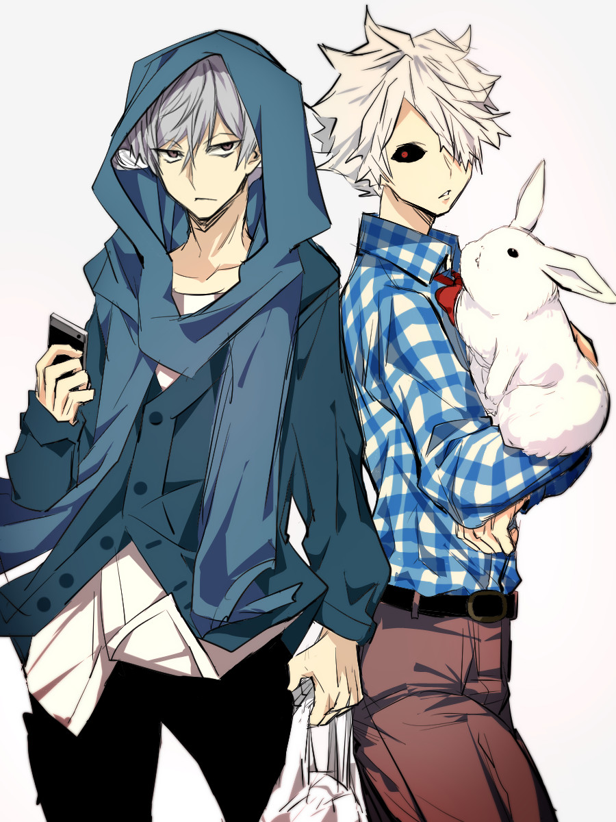 2boys, bag, black_sclera, blue_scarf, brown_eyes, closed_mouth, collarbone, collared_shirt