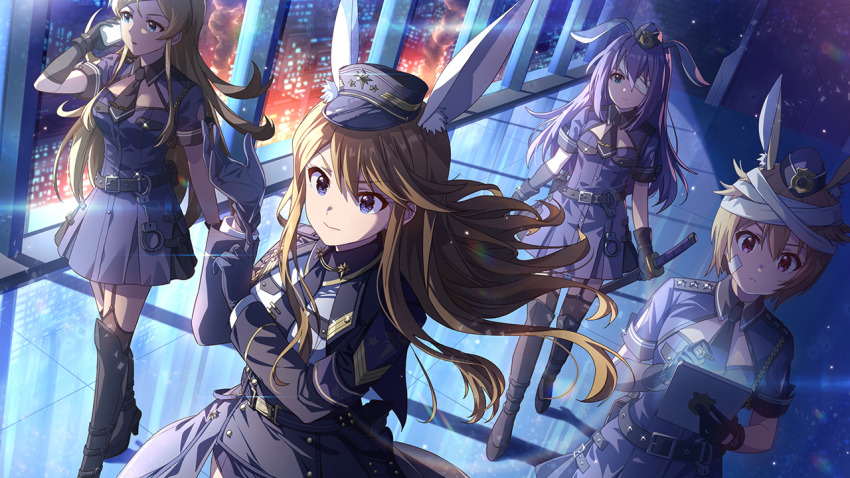 4girls, animal_ears, belt, blue_eyes, blue_hair, boots, brown_hair, bunny_police
