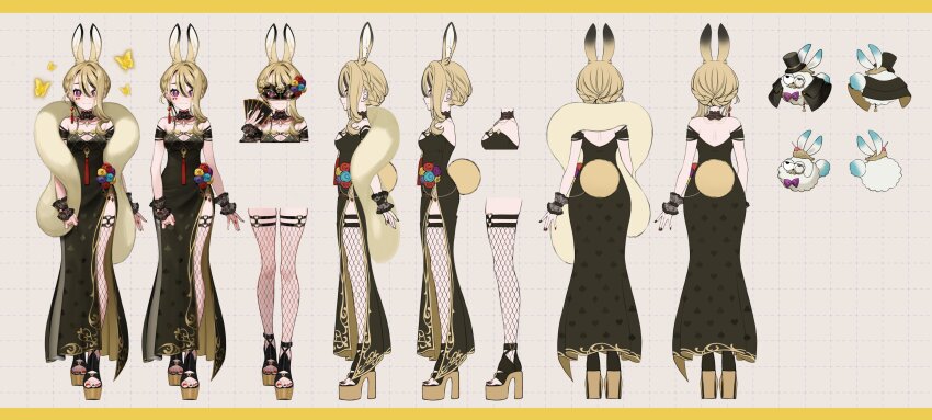 1girl, absurdres, animal_ears, anon_non, bare_shoulders, black_hair, blonde_hair, bow, bowtie, braid, breasts, card, choker, dress, french_braid, frilled_choker, frills, hair_over_one_eye, hat, highres, holding, holding_card, mascot, mask, medium_breasts, monocle, multicolored_hair, multicolored_nails, nail_polish, official_alternate_costume, official_alternate_hair_length, official_alternate_hairstyle, papi_(anon_non), platform_footwear, playing_card, playing_card_theme, prism_project, rabbit_ears, rabbit_girl, rabbit_tail, second-party_source, side_slit, streaked_hair, tail, top_hat, virtual_youtuber, yuu_(higashi_no_penguin)