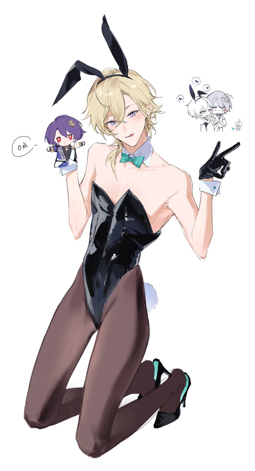 absurdres, animal_ears, aventurine_(honkai:_star_rail), black_footwear, black_gloves, blonde_hair, character_doll, choc0maniac, crossdressing, doll, dr._ratio_(honkai:_star_rail), gloves, hair_between_eyes, high_heels, highres, honkai:_star_rail, honkai_(series), looking_at_viewer, male_focus, multicolored_eyes, pantyhose, playboy_bunny, rabbit_ears, short_hair, simple_background, solo_focus, speech_bubble, white_background