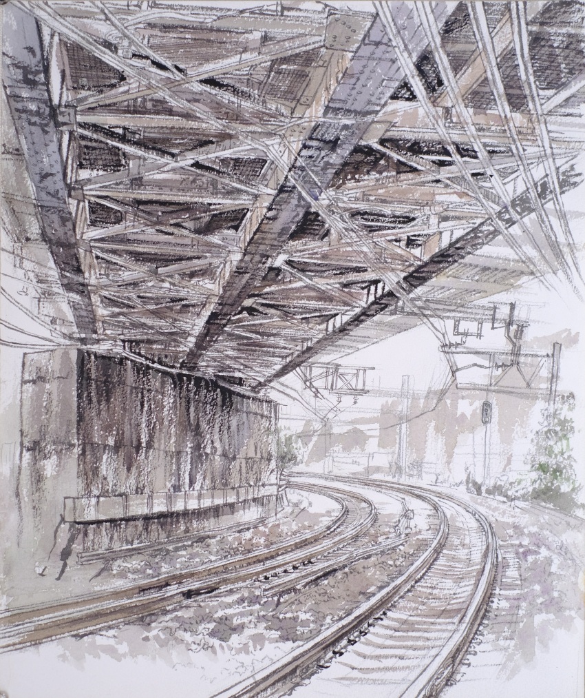 absurdres, bridge, highres, i-beam, marker_(medium), no_humans, original, overhead_line