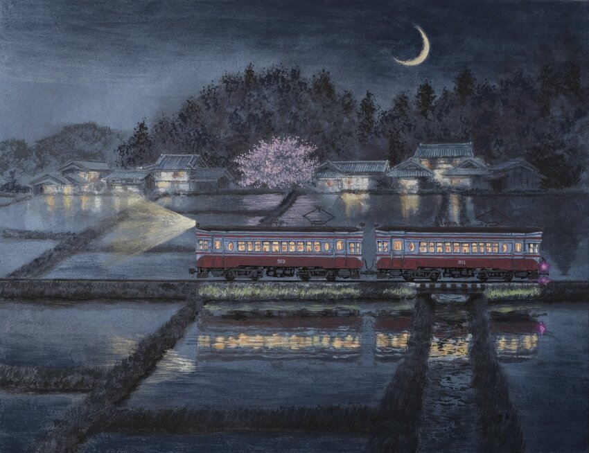 absurdres, building, crescent_moon, highres, house, light, moon, multiple_unit_train