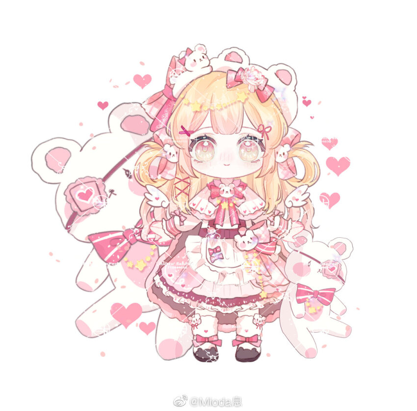 1girl, angel_wings, animal_ear_headwear, animal_ears, animal_slippers, apron, bear_brooch, bear_ears, bear_hair_ornament, black_slippers, blonde_hair, bow, bow_legwear, bowtie, brooch, capelet, chinese_commentary, circlet, closed_mouth, commentary_request, deformed, detached_wings, dress, dress_bow, eyelashes, eyepatch, fake_animal_ears, flower, fluffy, frilled_apron, frilled_sleeves, frills, full_body, hair_bow, hair_flower, hair_ornament, hair_ribbon, hair_rings, hat, heart, heart_print, jewelry, light_blush, long_hair, long_sleeves, looking_at_viewer, medium_dress, mini_wings, mioda_xi, multiple_hair_bows, necklace, orange_eyes, original, pink_bow, pink_bowtie, pink_capelet, pink_dress, pink_flower, pink_sleeves, red_ribbon, ribbon, sample_watermark, simple_background, sleeve_bow, slippers, smile, socks, solo, star_(symbol), star_hair_ornament, star_necklace, straight-on, striped_bow, striped_bowtie, striped_clothes, tress_ribbon, very_long_hair, waist_apron, watermark, weibo_watermark, white_apron, white_background, white_hat, white_socks, white_wings, wings, x_hair_ornament