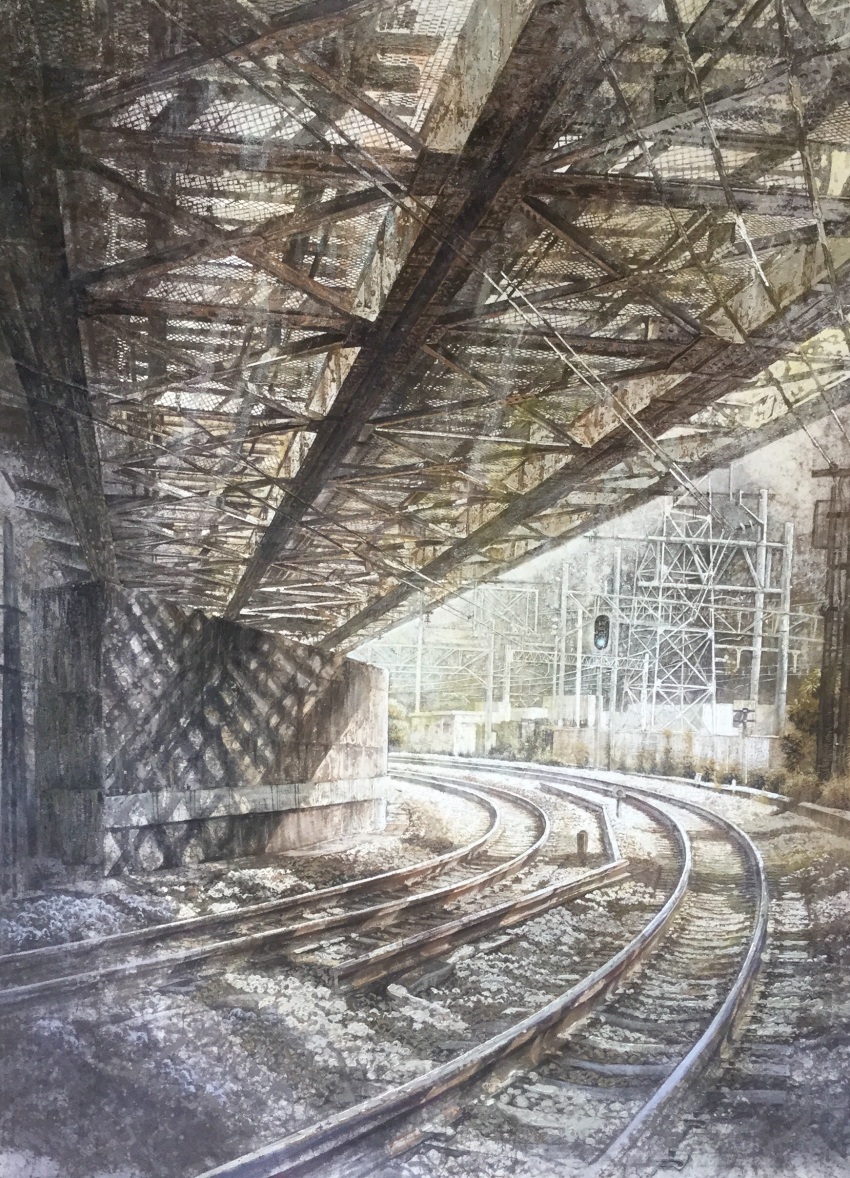 absurdres, arakawa_(tokyo), bridge, day, highres, i-beam, marker_(medium), no_humans, original, overhead_line, pantograph, plant, power_lines, railing, railroad_tracks, scenery, steel_beam, sunlight, tanamachi_yoshihiro, track_ballast, traditional_media, traffic_light, transmission_tower, truss, truss_bridge