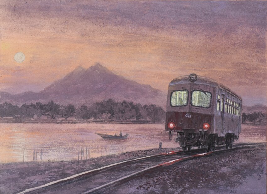 absurdres, boat, cloud, cloudy_sky, fine_art_parody, forest, highres, lake