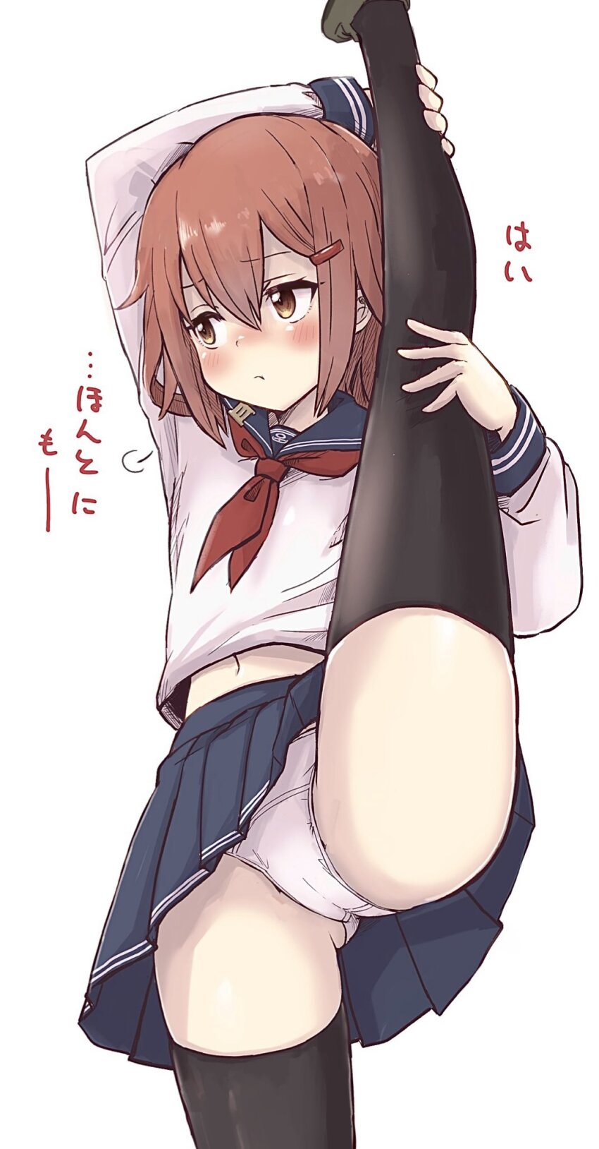 1girl, annoyed, black_thighhighs, blush, brown_eyes, brown_hair, cameltoe, embarrassed, hair_ornament, hairclip, highres, ikazuchi_(kancolle), kantai_collection, navel, nose_blush, panties, pantyshot, pleated_skirt, school_uniform, serafuku, short_hair, simple_background, skirt, split, standing, standing_on_one_leg, standing_split, thighhighs, translated, unagiman, underwear, white_panties