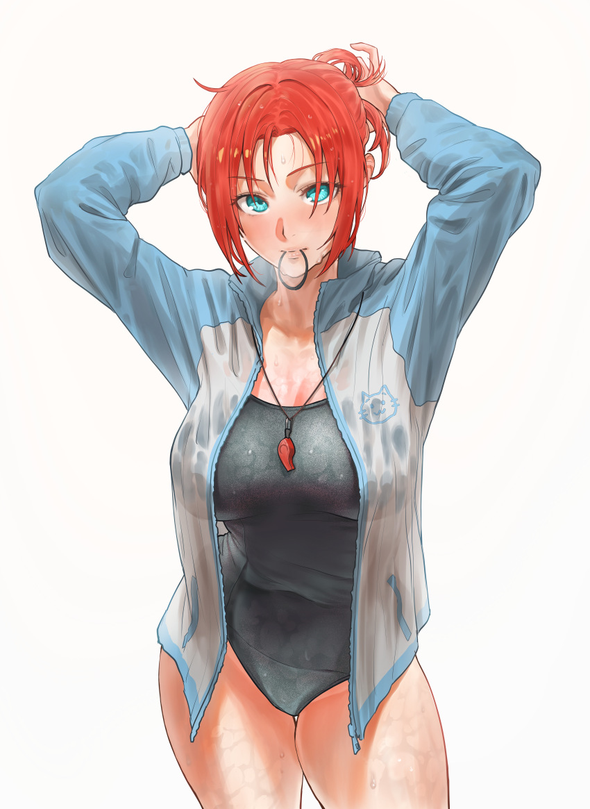 1girl, absurdres, aqua_eyes, blue_one-piece_swimsuit, boudica_(fate), breasts, breath, closed_mouth, commentary_request, competition_swimsuit, fate/grand_order, fate_(series), hair_tie, hair_tie_in_mouth, highres, jacket, katsume_fuuka, large_breasts, lips, looking_at_viewer, mouth_hold, official_alternate_costume, one-piece_swimsuit, open_clothes, open_jacket, pink_lips, red_hair, short_hair, simple_background, solo, swimsuit, tonko_from, track_jacket, tying_hair, wet, whistle, whistle_around_neck, white_background