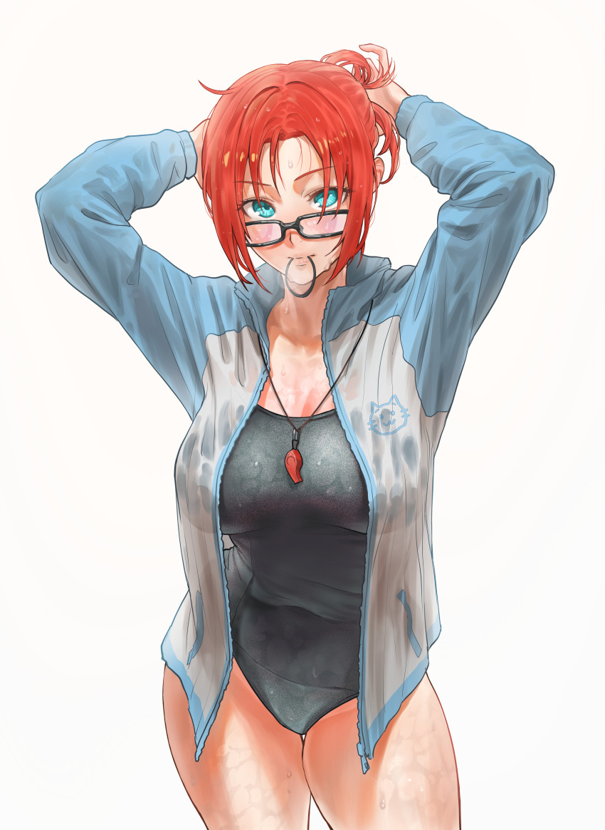 1girl, absurdres, aqua_eyes, black-framed_eyewear, blue_one-piece_swimsuit, boudica_(fate), breasts, breath