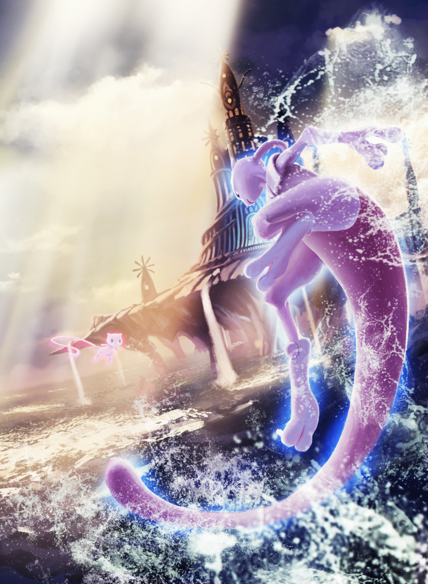 absurdres, artist_request, aura, castle, cloud, cloudy_sky, fighting, full_body