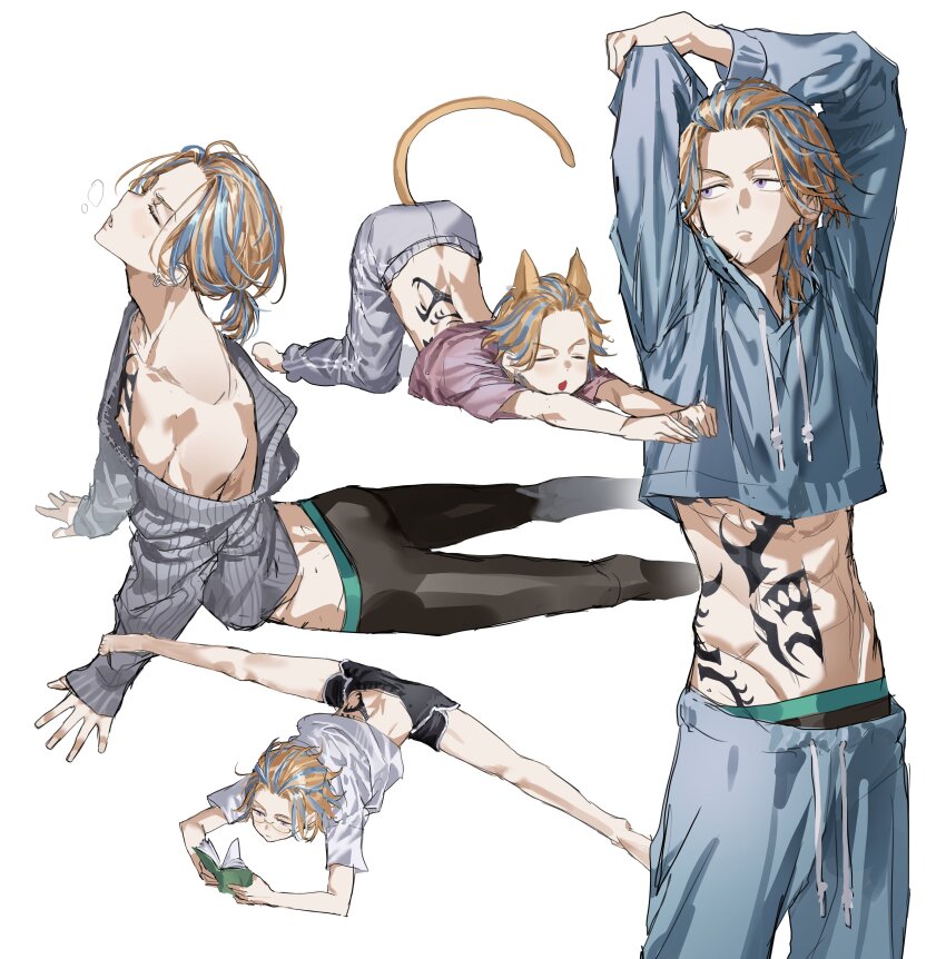 1boy, absurdres, animal_ears, arms_up, back_tattoo, bangs_pinned_back, black_pants, blonde_hair