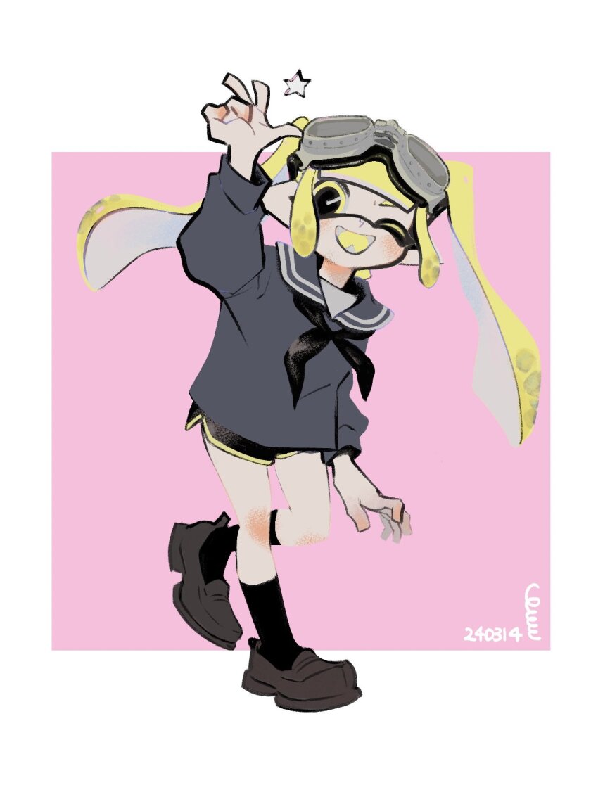 1girl, black_neckerchief, black_shorts, black_socks, border, brown_footwear, dated, full_body