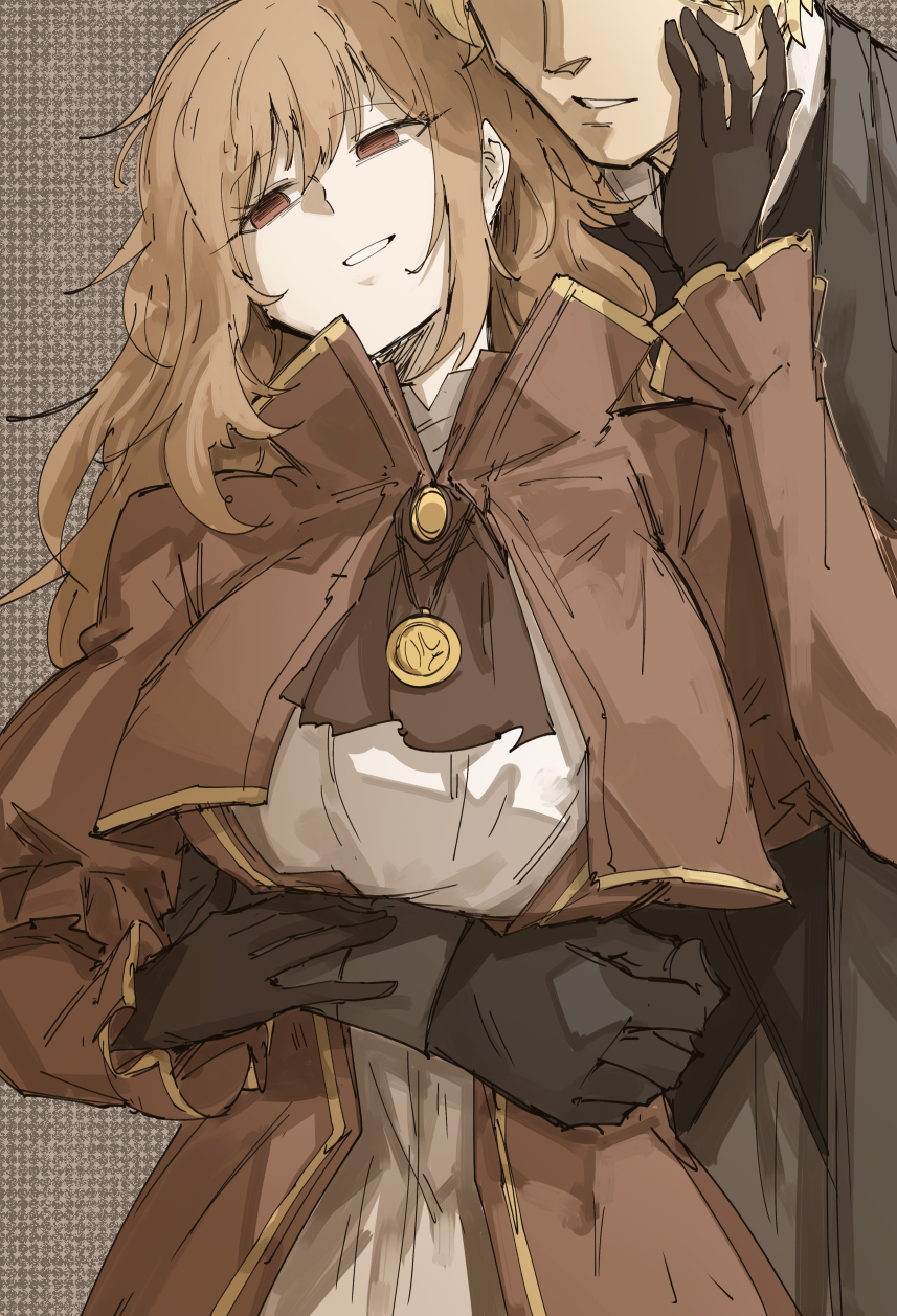 1boy, 1girl, arm_around_another's_waist, ascot, black_gloves, black_suit, black_vest, blonde_hair, brown_ascot, brown_dress, brown_eyes, brown_hair, catherine_(project_moon), collared_shirt, dress, formal_clothes, gloves, hand_on_another's_cheek, hand_on_another's_face, highres, husband_and_wife, jewelry, kankan33333, limbus_company, linton_(project_moon), long_hair, necklace, project_moon, shirt, sidelocks, suit, vest, white_gloves, white_shirt