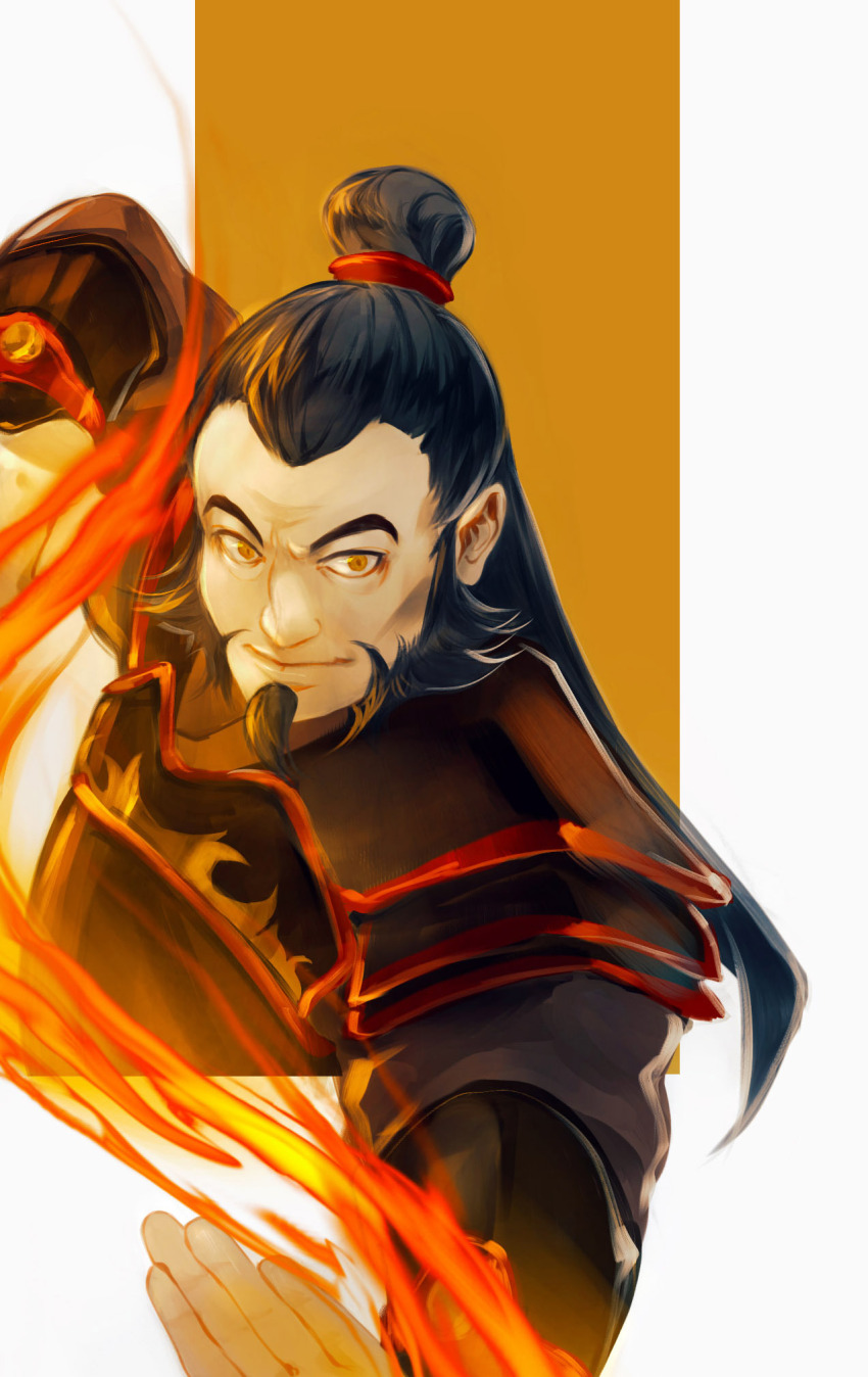 1boy, age_regression, aged_down, armor, avatar:_the_last_airbender, avatar_legends, beard, black_hair, botanicaxu, commentary, english_commentary, facial_hair, fire, highres, iroh, male_focus, multiple_drawing_challenge, simple_background, six_fanarts_challenge, solo, upper_body