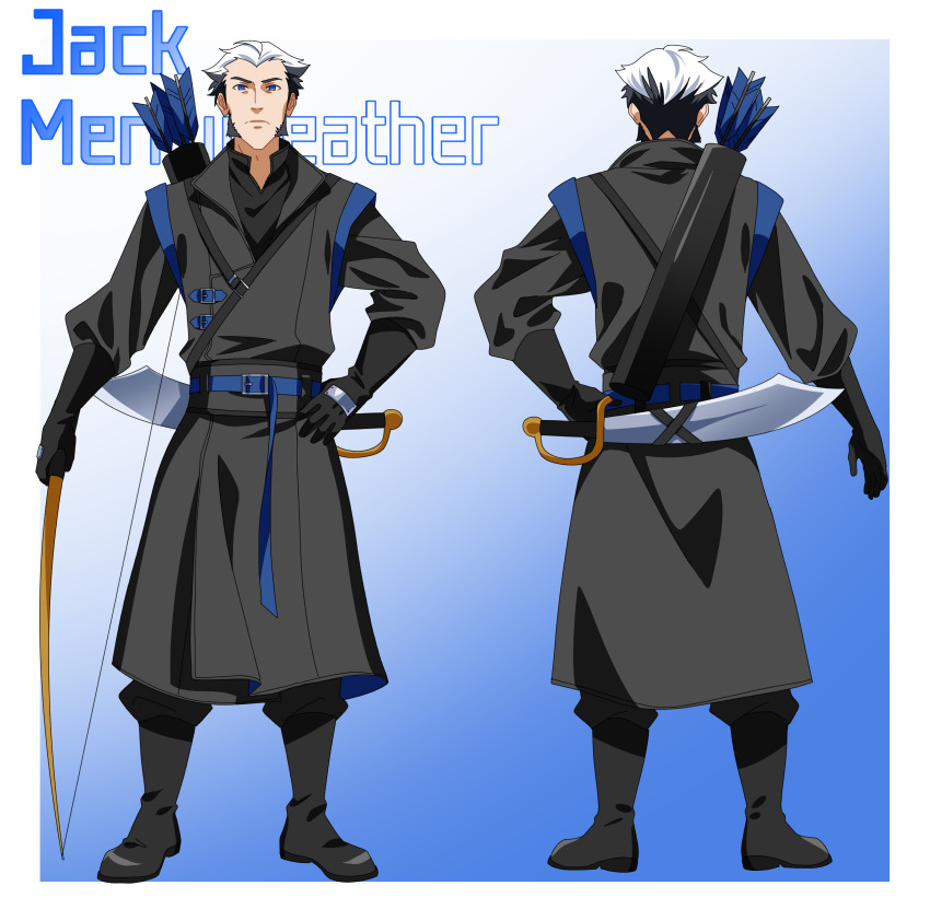 1boy, absurdres, arrow_(projectile), black_footwear, black_gloves, black_hair, blue_eyes, bow_(weapon)