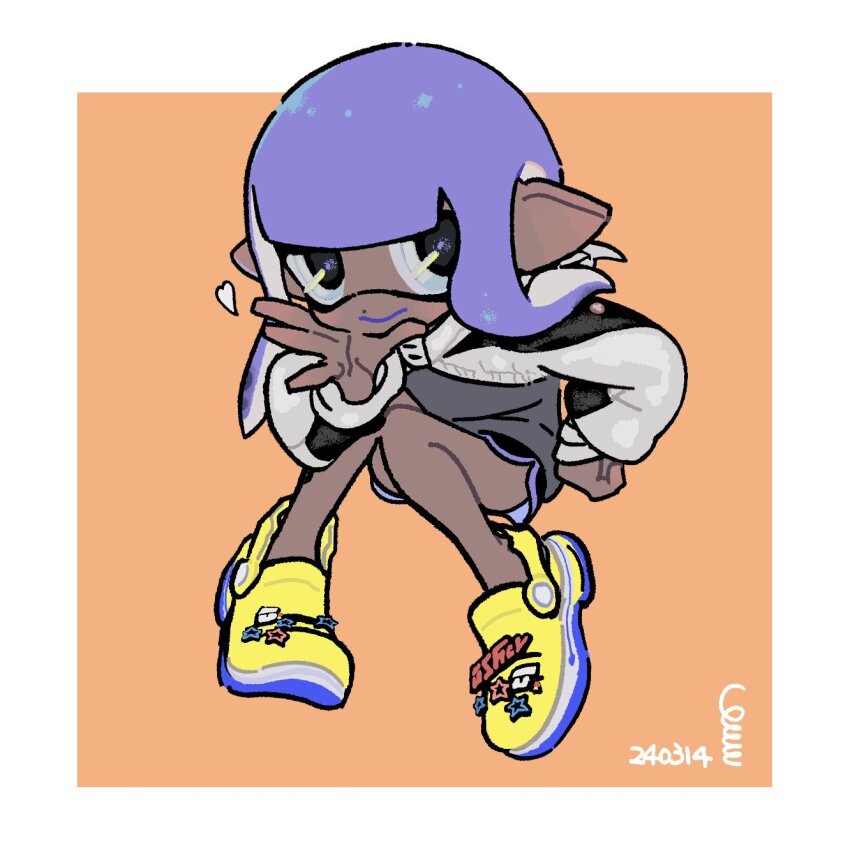 1girl, black_eyes, black_shorts, border, closed_mouth, crocs, dark_skin, dated, dot_nose, full_body, grey_jacket, heart, highres, inkling, inkling_girl, inkling_player_character, jacket, long_hair, looking_at_viewer, nicoharico, nintendo, pointy_ears, purple_hair, shoes, shorts, sitting, solo, splatoon_(series), tentacle_hair, white_border, yellow_shoes