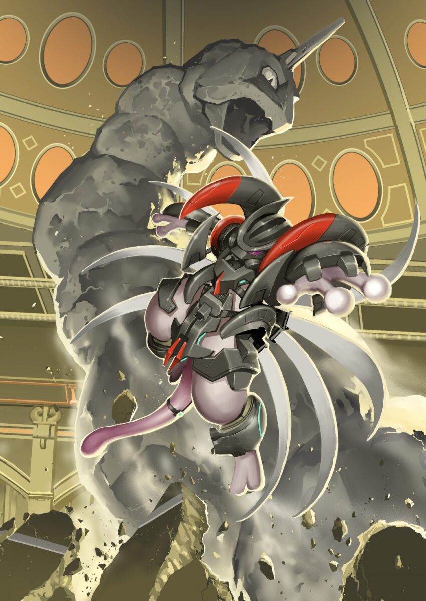 armor, character_name, copyright_name, fighting, gen_1_pokemon, helmet, highres, legendary_pokemon, looking_at_another, mewtwo, minagawa_ryouji, nintendo, no_humans, official_art, onix, pokemon, pokemon:_mewtwo_strikes_back_-_evolution, pokemon_(anime), pokemon_(creature), shoulder_pads