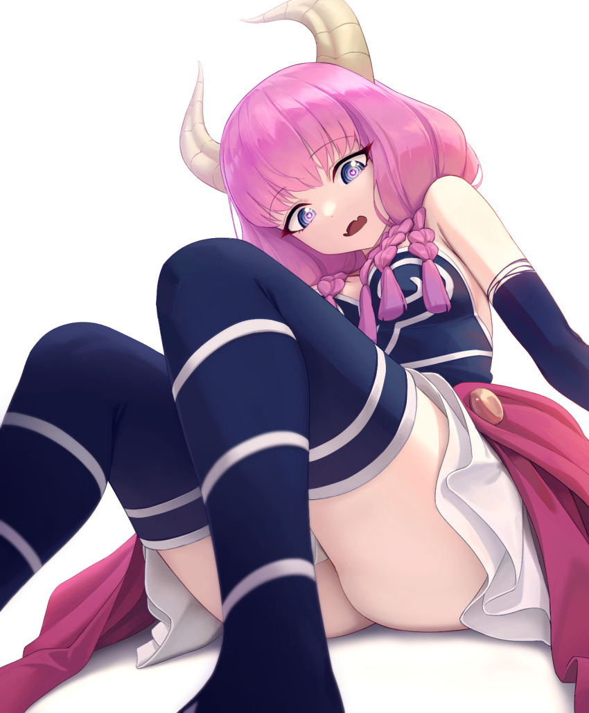 1girl, aura_(sousou_no_frieren), bare_shoulders, black_gloves, black_thighhighs, blue_eyes, braid, breasts, chopchopguy, demon_girl, demon_horns, elbow_gloves, from_below, gloves, highres, horns, knees_up, long_hair, low-braided_long_hair, low-tied_long_hair, medium_breasts, open_mouth, pink_hair, quad_braids, simple_background, sitting, skirt, solo, sousou_no_frieren, thighhighs, thighs, white_background, white_skirt