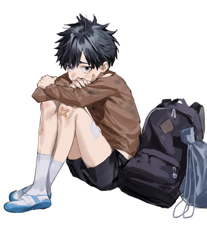 1boy, absurdres, arms_on_knees, bag, bandaid, bandaid_on_cheek, bandaid_on_face, bandaid_on_knee
