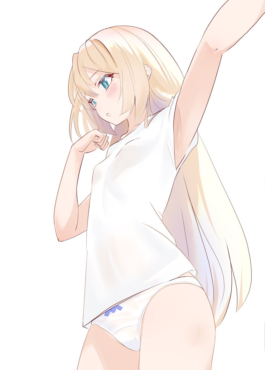 1girl, absurdres, armpits, bad_anatomy, bad_arm, blonde_hair, blue_eyes, bow
