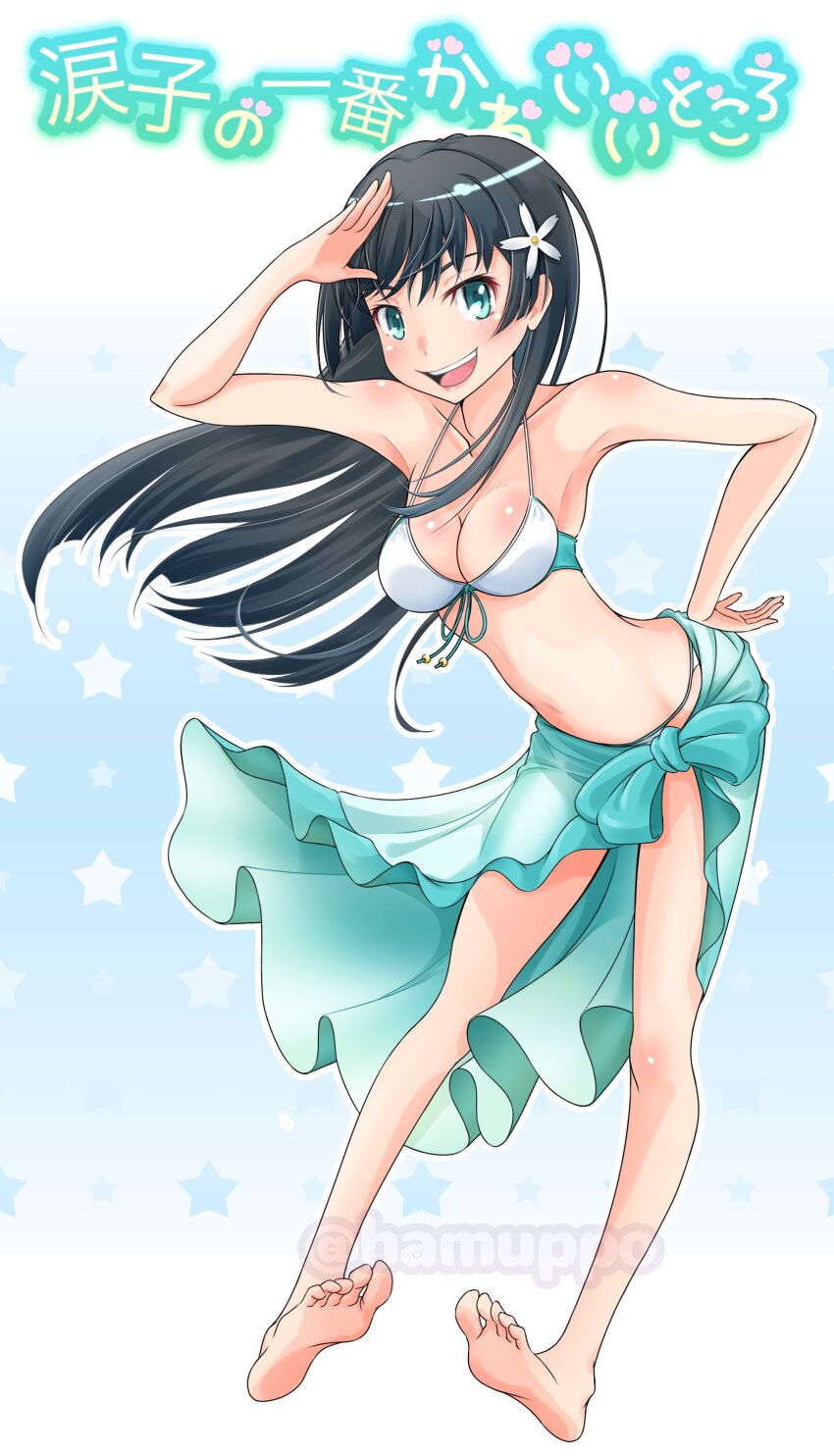 1girl, absurdres, barefoot, bikini, black_hair, blue_sarong, breasts, commentary_request