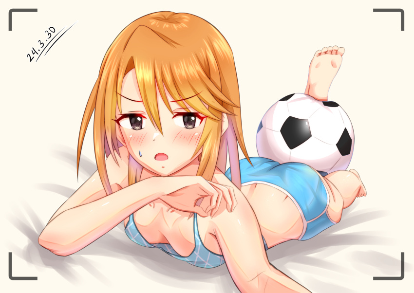 1girl, ass, ball, barefoot, black_eyes, blonde_hair, blue_shorts, blue_sports_bra, blush, breasts, cobbedcorn, dated, downblouse, feet, feet_up, highres, idolmaster, idolmaster_cinderella_girls, looking_at_viewer, lying, medium_hair, on_stomach, open_mouth, reaching, reaching_towards_viewer, selfie, short_hair, shorts, small_breasts, soccer_ball, soles, solo, sports_bra, the_pose, viewfinder, yuuki_haru