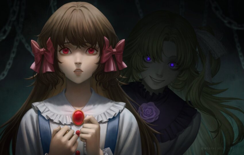 2girls, artist_name, behind_another, blonde_hair, bow, brown_hair, chain, commentary