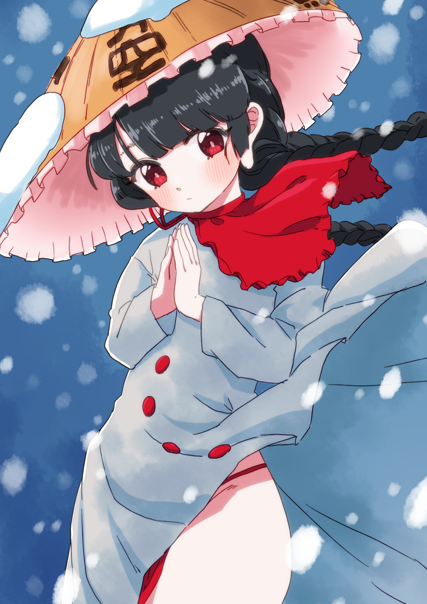1girl, absurdres, ajirogasa, black_hair, braid, buttons, capelet, commentary, dress, frilled_hat, frills, grey_dress, hat, highres, islandz, jizou, long_earlobes, long_sleeves, looking_at_viewer, own_hands_together, palms_together, panties, red_capelet, red_eyes, red_panties, snow, snow_on_headwear, touhou, twin_braids, underwear, yatadera_narumi