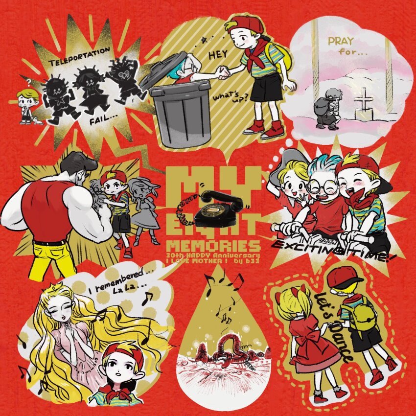 2girls, 3boys, ana_(mother), anniversary, antique_phone, backpack, backwards_hat, bag