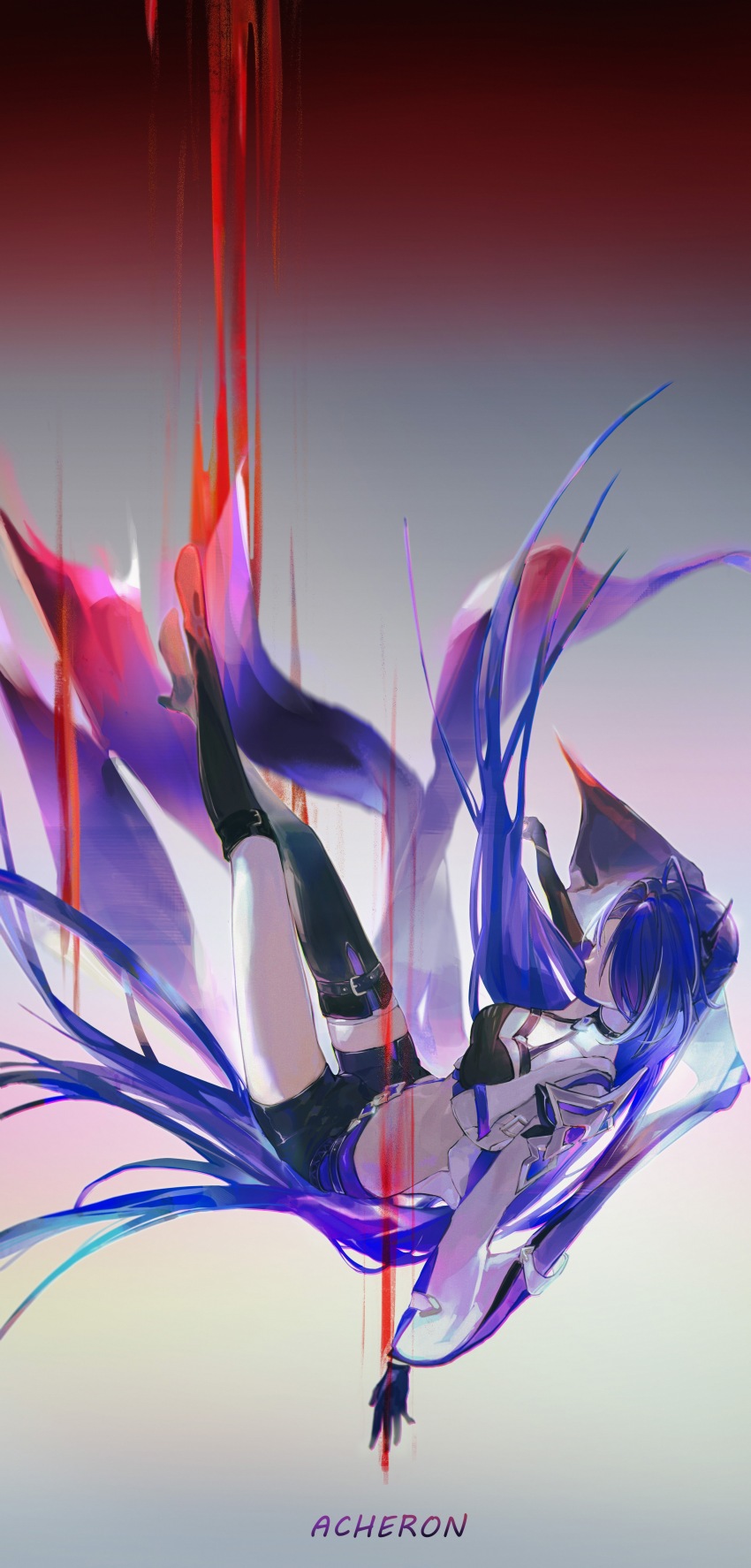 1girl, absurdres, acheron_(honkai:_star_rail), asymmetrical_footwear, black_choker, black_gloves, black_shorts, boots, breasts, chain, choker, cleavage, coat, coattails, detached_sleeves, full_body, gloves, highres, honkai:_star_rail, honkai_(series), long_hair, midriff, navel, purple_hair, short_shorts, shorts, single_bare_shoulder, solo, stomach, tailcoat, thigh_boots, white_coat, zeyal_li_hai