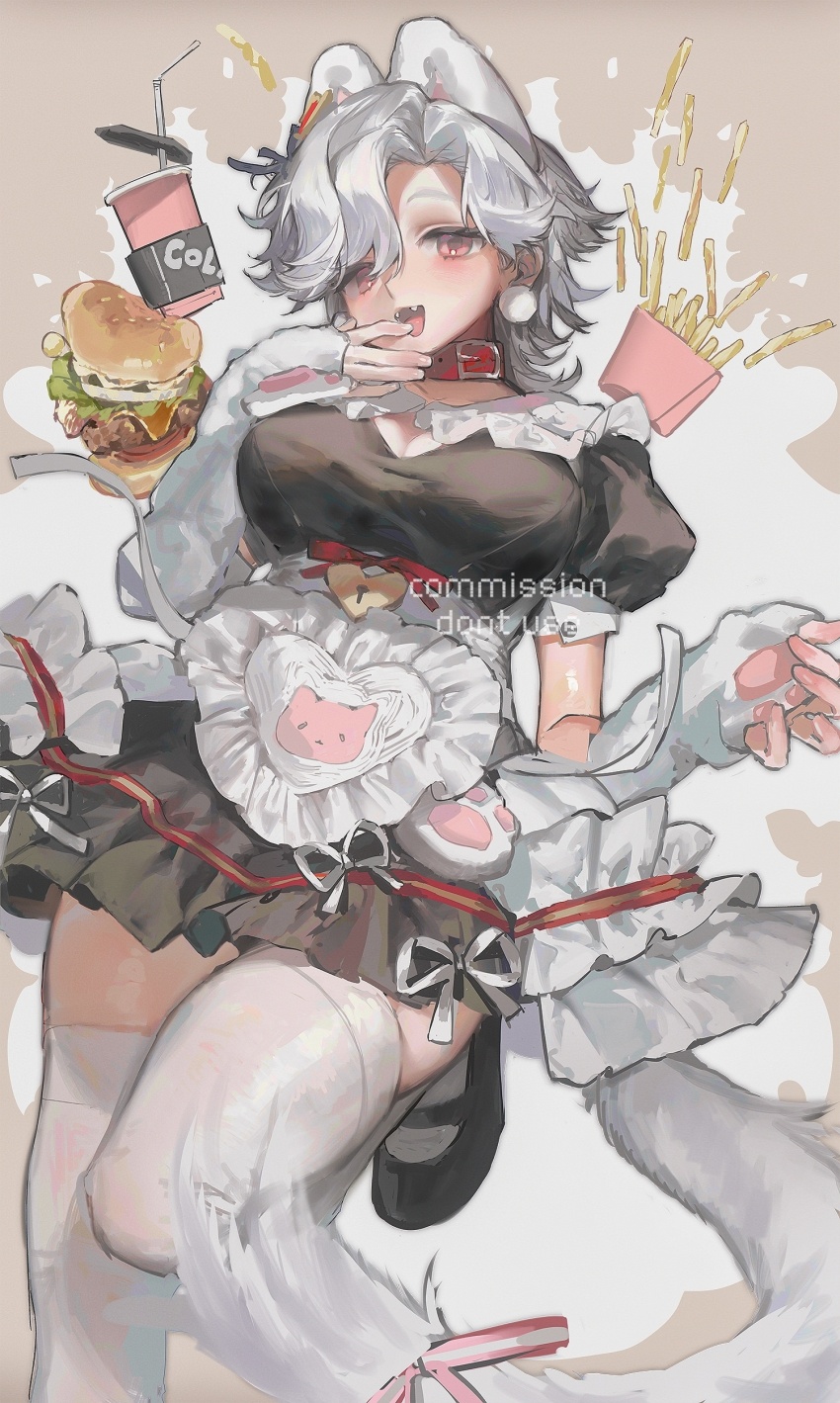 1girl, :d, absurdres, animal_ears, animal_hands, apron, artist_name, black_dress