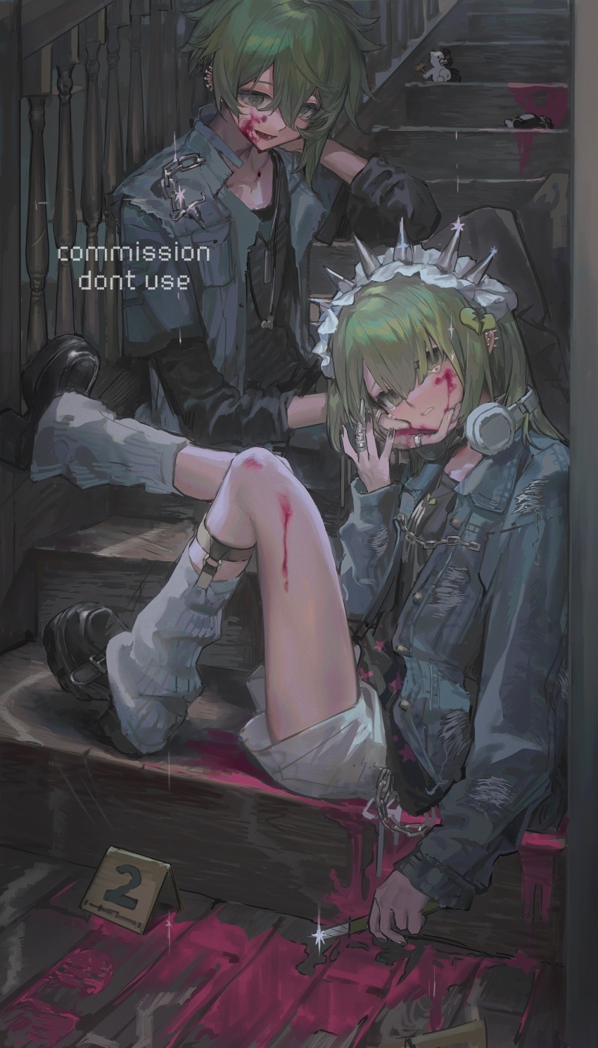 1boy, 1girl, absurdres, black_footwear, black_shirt, blood, blood_on_clothes, blood_on_face