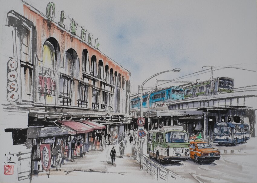 6+girls, absurdres, bridge, building, bus, car, check_commentary, commentary_request, graphite_(medium), highres, isuzu_motors, jr_103_series, jr_205_series, lamppost, locomotive, mitsubishi_fusou, motor_vehicle, multiple_girls, multiple_unit_train, original, outdoors, overhead_line, power_lines, real_world_location, road, scenery, shadow, shop, sketch, slice_of_life, street, taitou_(tokyo), tanamachi_yoshihiro, taxi, tokyo_(city), town, traditional_media, traffic, train, train_station, window