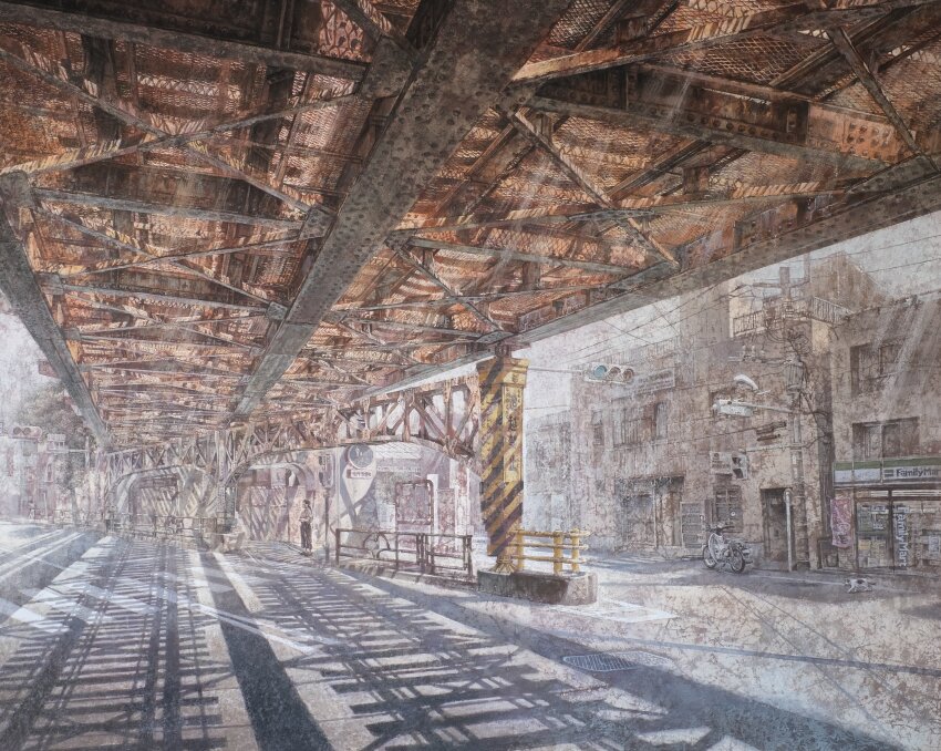 2girls, absurdres, building, convenience_store, day, highres, i-beam, multiple_girls