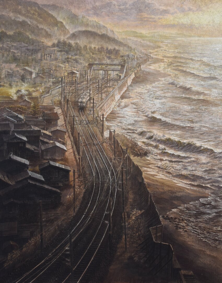 115_series, absurdres, beach, building, day, fine_art_parody, highres, house