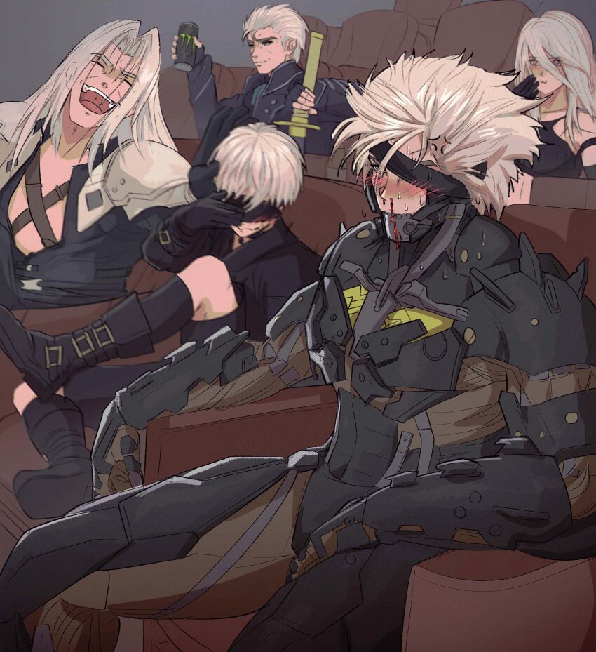 1girl, 4boys, 9s_(nier:automata), :3, a2_(nier:automata), black_gloves, blindfold, blood