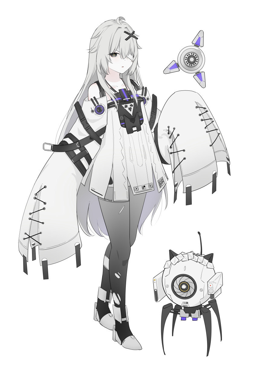 1girl, 1other, absurdres, ahoge, aurilia_(user_8748), bandage_over_one_eye, chest_protector, detached_sleeves, dress, drone, full_body, grey_dress, grey_eyes, grey_hair, grey_pantyhose, grey_sleeves, hair_between_eyes, hair_ornament, hair_over_shoulder, highres, long_hair, looking_at_viewer, messy_hair, no._21:_xxi_(pgr), no._21_(pgr), no._21's_buddy_(pgr), non-humanoid_robot, one-eyed, pale_skin, pantyhose, parted_lips, punishing:_gray_raven, radio_antenna, robot, short_dress, sidelocks, sleeves_past_fingers, sleeves_past_wrists, suspenders, torn_clothes, torn_pantyhose, unkempt, very_long_hair, white_background, x_hair_ornament