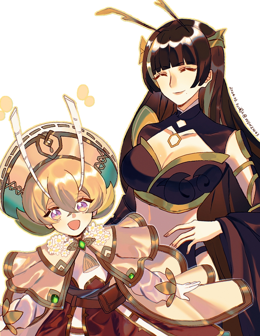 2girls, :d, antennae, arm_blade, belt, belt_pouch, black_hair, black_pants