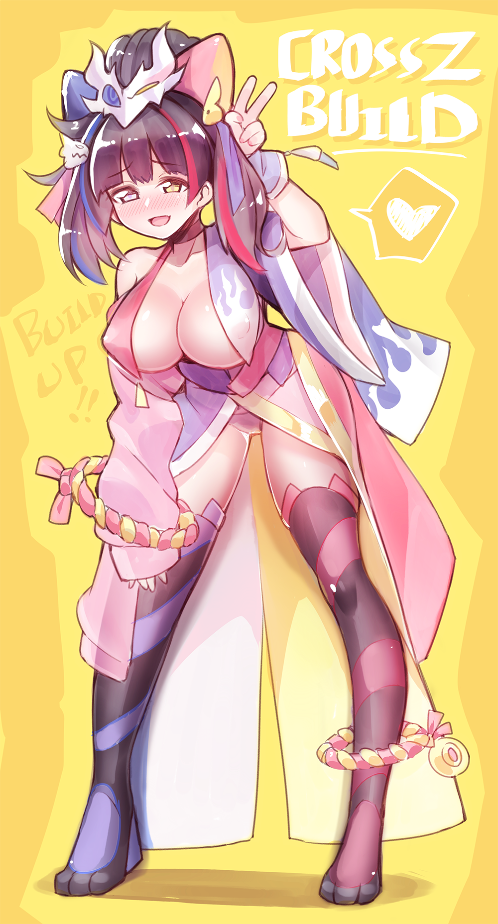 1girl, animal_hair_ornament, asymmetrical_legwear, black_hair, black_thighhighs, blue_hair, blue_kimono, blue_panties, blue_ribbon, blush, breasts, choker, cleavage, collarbone, covered_erect_nipples, cross-zbuild_form, detached_sleeves, ditienan_ddn, dragon_hair_ornament, flame_print, fusion, grey_eyes, hair_ornament, hair_ribbon, headgear, heart, heterochromia, highres, japanese_clothes, kamen_rider, kamen_rider_build, kamen_rider_build_(series), kamen_rider_cross-z, kamen_rider_cross-zbuild, kimono, large_breasts, leaning_forward, long_hair, long_sleeves, looking_at_viewer, mismatched_legwear, multicolored_hair, open_mouth, panties, paw_shoes, personification, ponytail, print_kimono, rabbit_hair_ornament, red_hair, red_kimono, red_ribbon, ribbon, rider-tan, rope, single_sleeve, smile, speech_bubble, spoken_heart, standing, streaked_hair, striped_clothes, striped_thighhighs, thighhighs, twintails, two-tone_kimono, underwear, v, wrist_cuffs, yellow_background, yellow_eyes