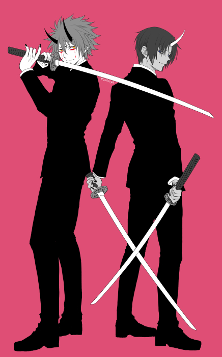 2boys, benimaru_(tensura), black_suit, formal_clothes, full_body, holding, holding_sword, holding_weapon, horns, katana, kimyu_mix2, long_sleeves, monochrome, multiple_boys, oni, pink_background, shoes, short_hair, single_horn, smile, soei_(tensura), spiked_hair, suit, sword, tensei_shitara_slime_datta_ken, v-shaped_eyebrows, weapon