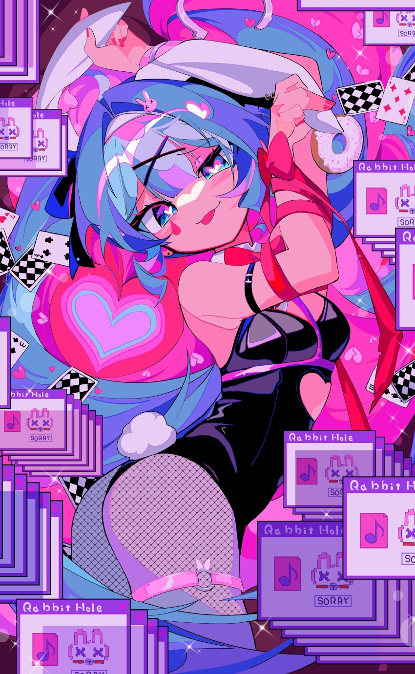 1girl, absurdres, blue_hair, clothing_cutout, cuffs, donut, facial_mark, fishnet_pantyhose