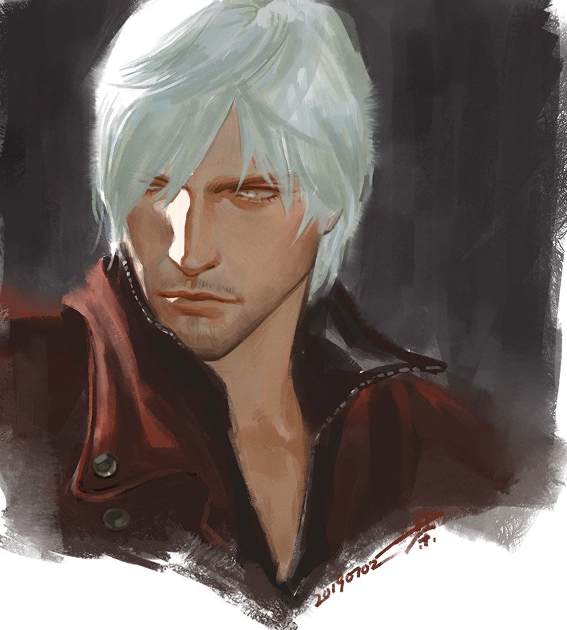 1boy, aged_up, blue_eyes, closed_mouth, coat, dante_(devil_may_cry), devil_may_cry, devil_may_cry_(series)